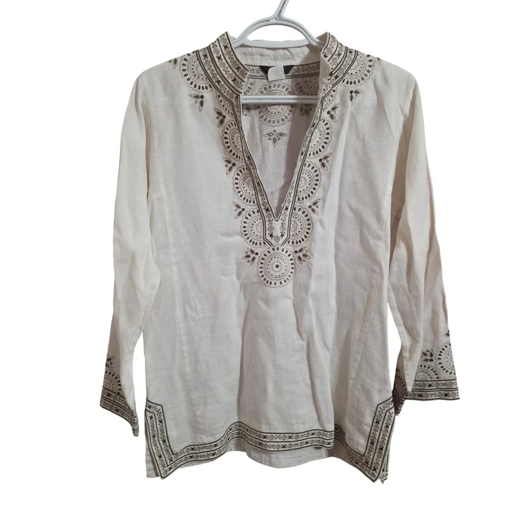 J. Crew White 100%‎ Linen Embroidered Sequin Tunic Top Split Neck Womens Medium